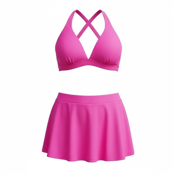 Yonique Other - EUC Yonique Hot Pink Skirted Bikini Set - High- Waisted Tummy Control 20W Swim